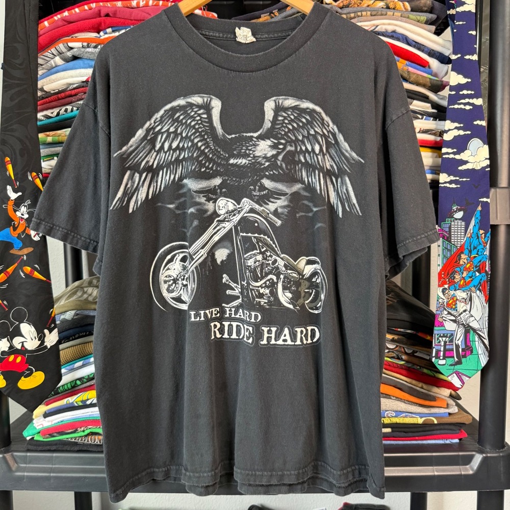 Y2K Black Live Hard Ride Hard Eagle Biker Graphic T-Shirt XL Light Marks